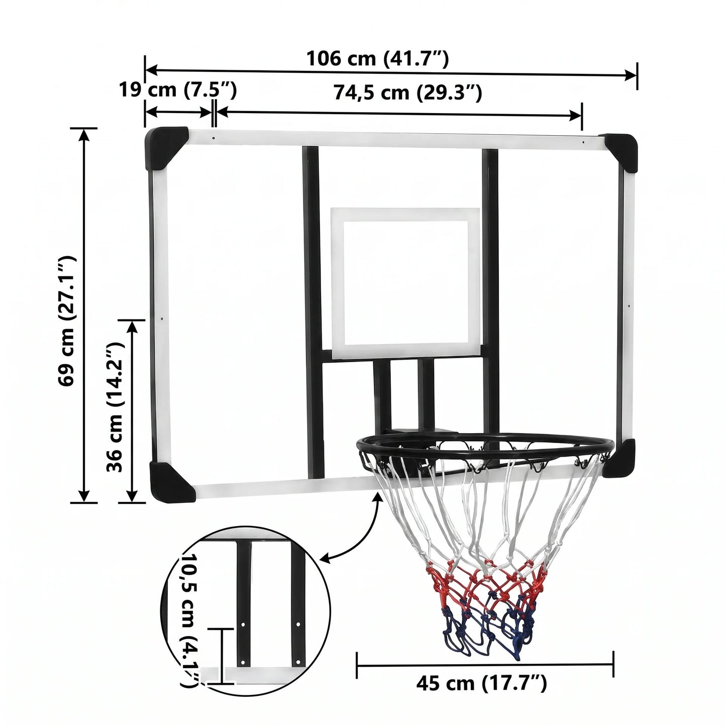 Panneau de basket mural en polycarbonate — 3 tailles au choix
