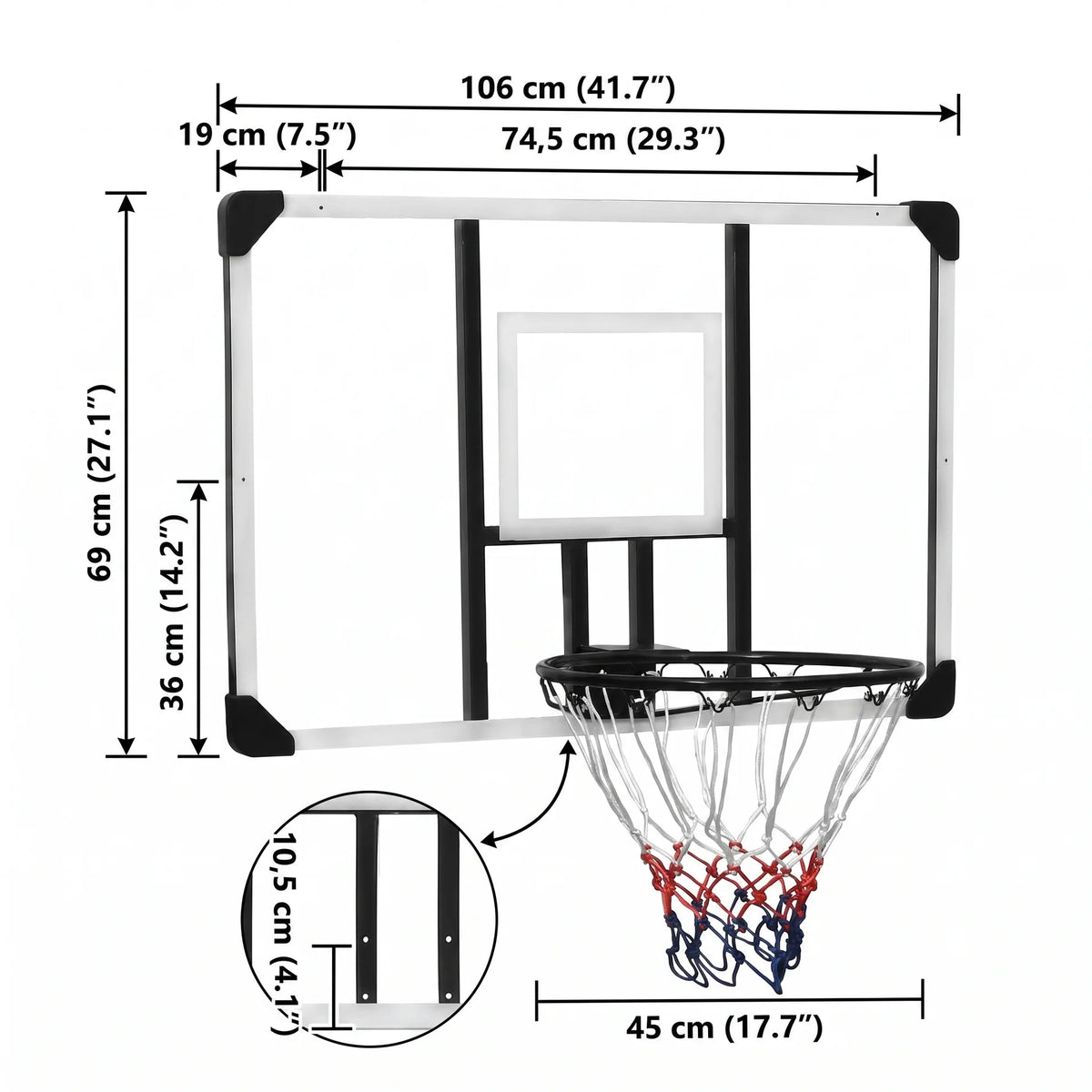 Panneau de basket mural en polycarbonate — 3 tailles au choix