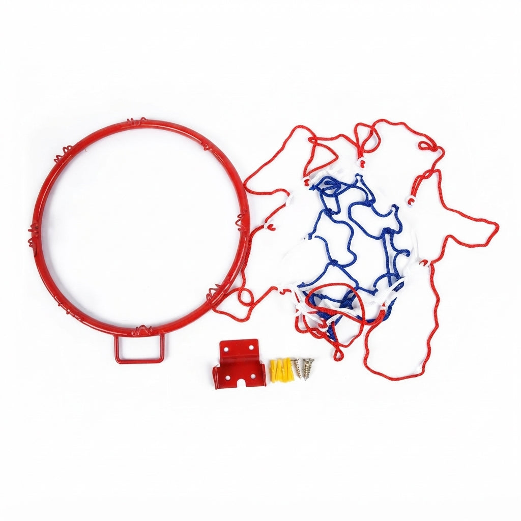 Cerceau de basket rouge avec son filet tricolore et sa visserie de fixation