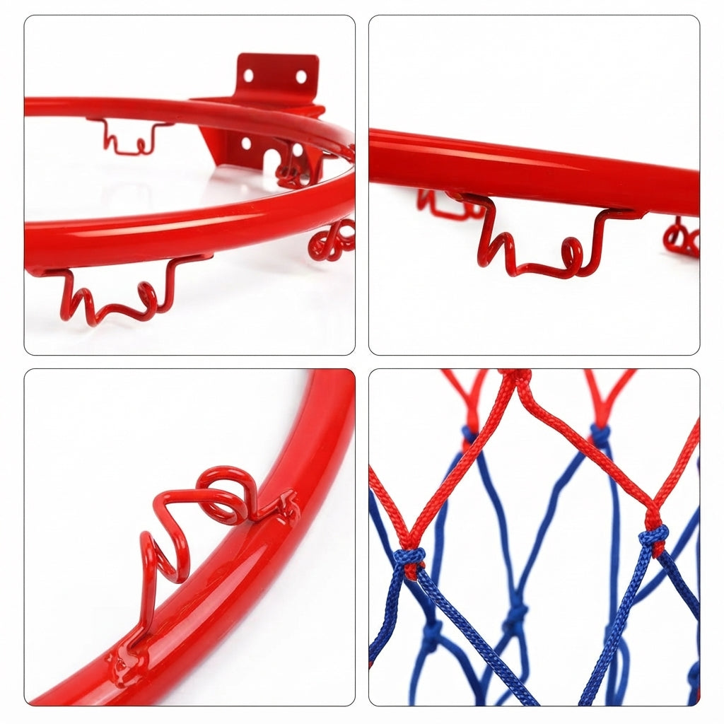 Détails du cerceau de basket mural : platine de fixation, anneau acier et filet