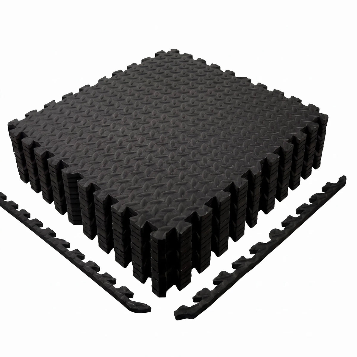Dalles de sol en mousse EVA noire emboîtables avec bordures de finition, surface texturée