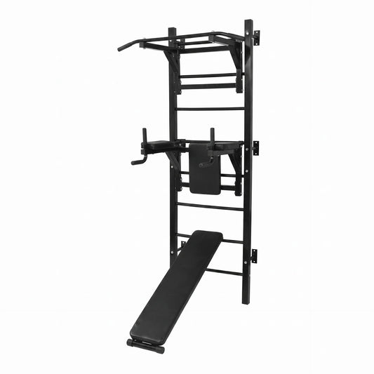 Station de traction et dips murale 3 en 1 — barre, dips, banc abdos, charge 110 kg