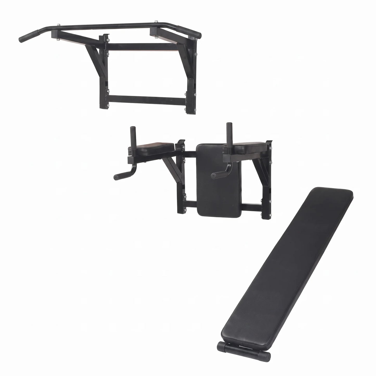 Station de traction et dips murale 3 en 1 — barre, dips, banc abdos, charge 110 kg