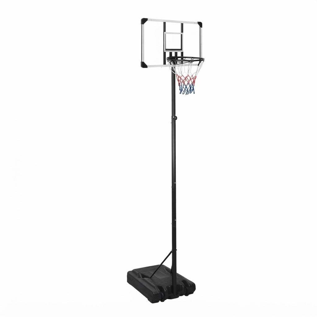 Panier de basket sur pied réglable 280-350 cm à panneau transparent, base à roulettes et filet tricolore