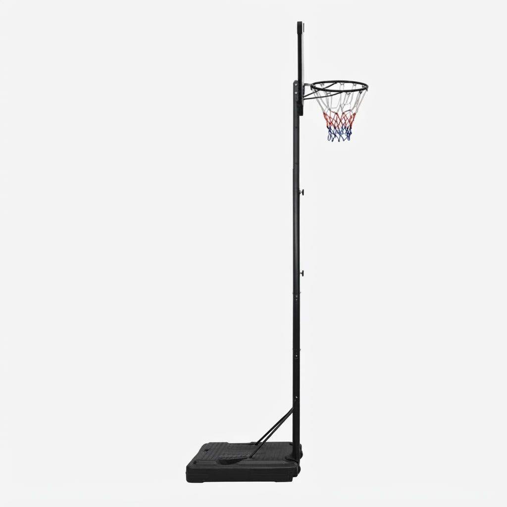 Panier de basket sur pied réglable vu de profil, panneau transparen