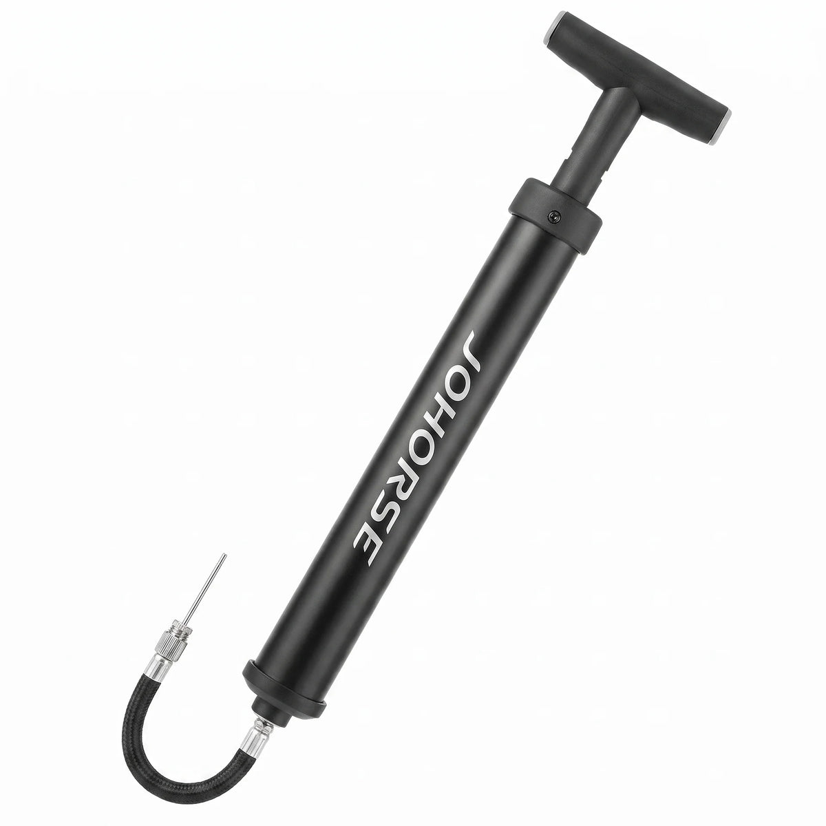 Pompe à main noire JOHORSE avec poignée en T, flexible et aiguille de gonflage