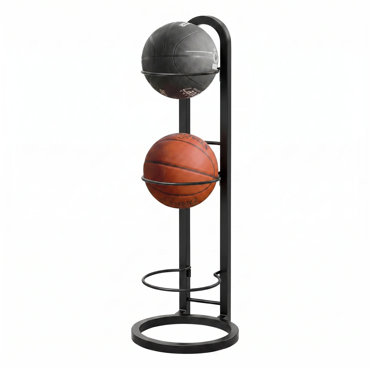 Rack de rangement noir accueillant deux ballons de sport sur ses niveaux
